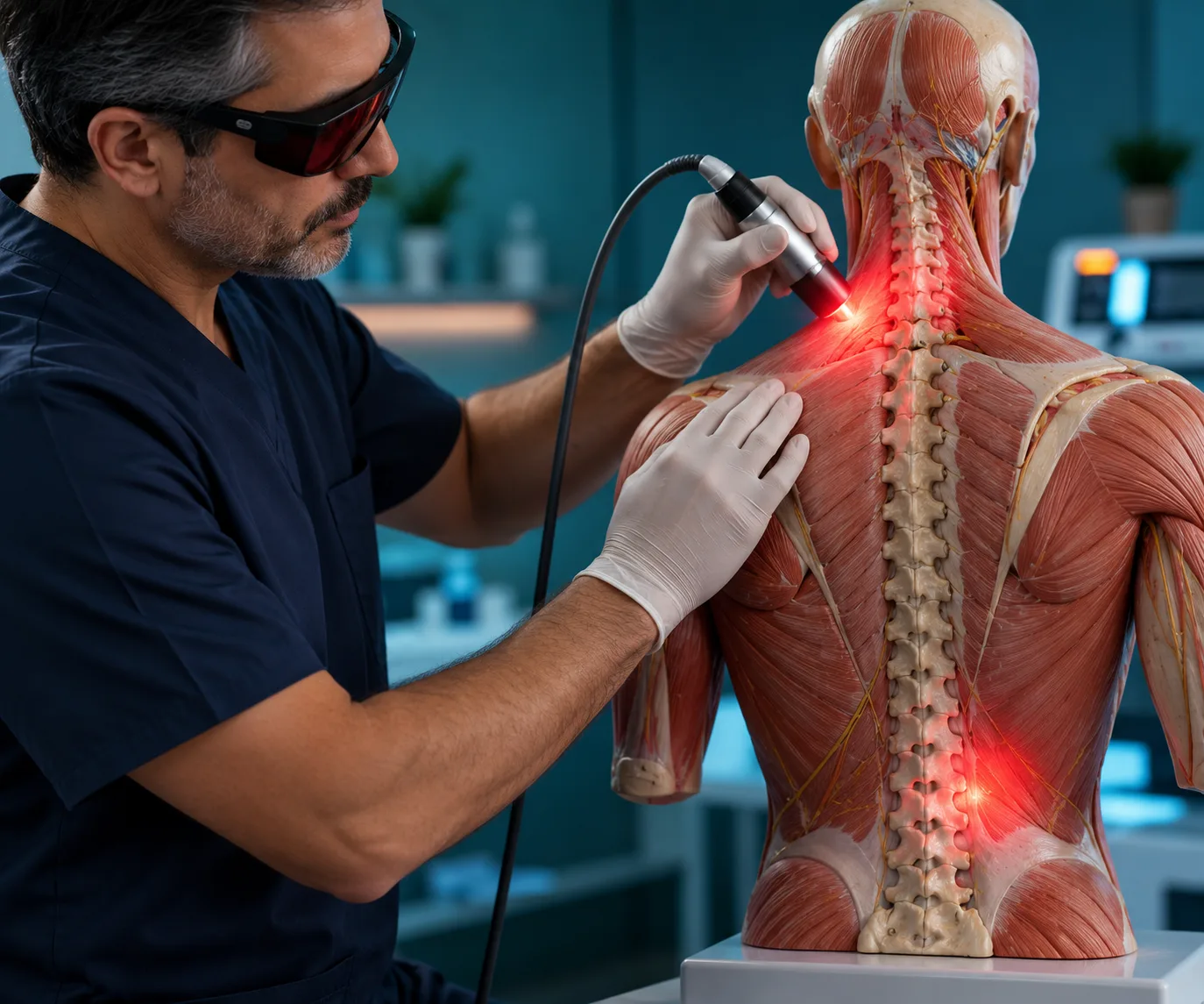 Profissional de saúde com óculos de proteção aplicando laser terapêutico em modelo anatômico.